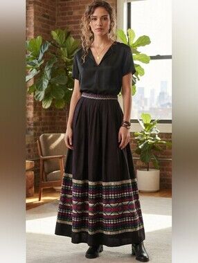 Vintage Pelux Guatemalan Multicolor Boho Folk Maxi Skirt Size‎ 24"
